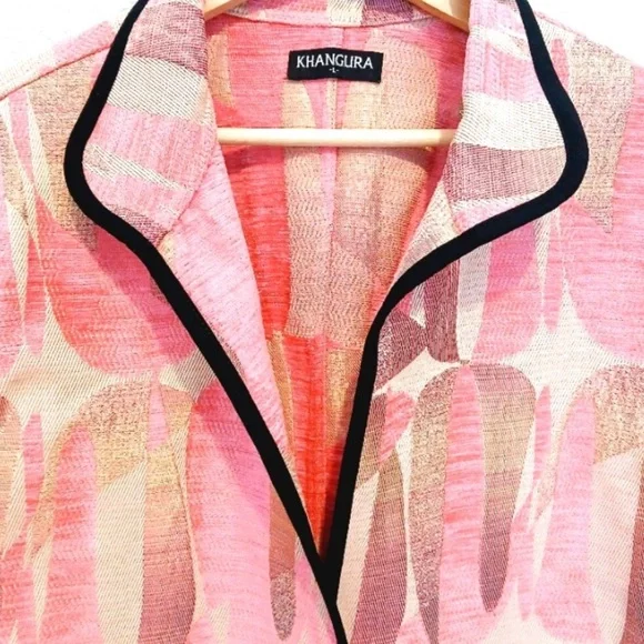 Khangura Pink, Cream & Tan Tapestry Pattern Blazer Black Trim Sz Large Like New - Picture 6 of 9